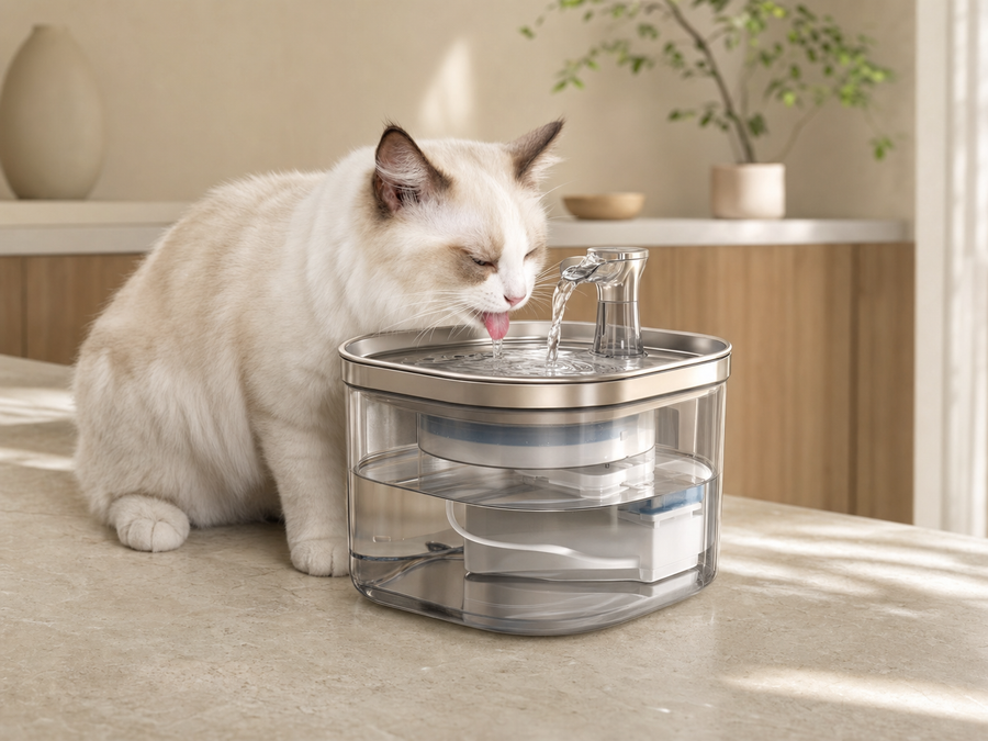 PureFlow Edelstahl Trinkbrunnen mit Katze in hochwertigem Zuhause
