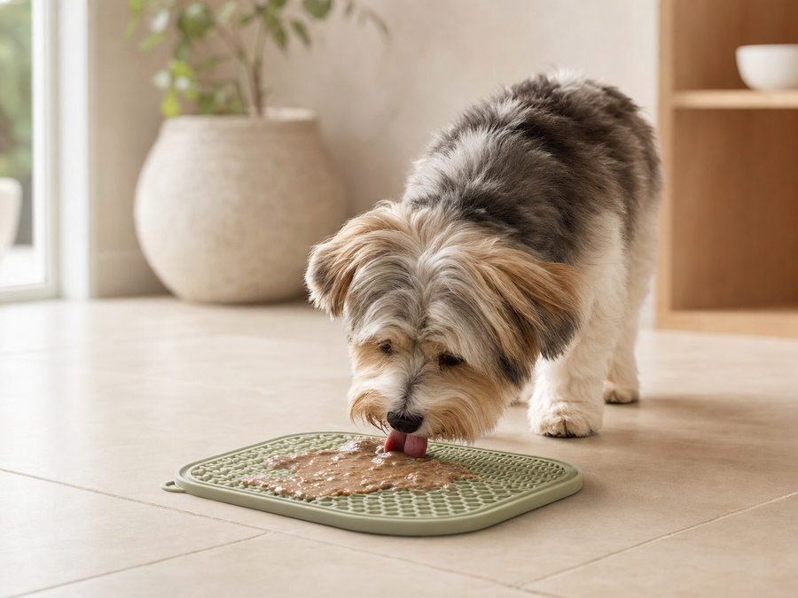 CalmLick Leckmatte mit Hund in heller moderner Wohnung