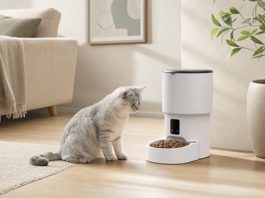 SmartFeed Mini automatischer Futterspender in modernem Zuhause mit Katze